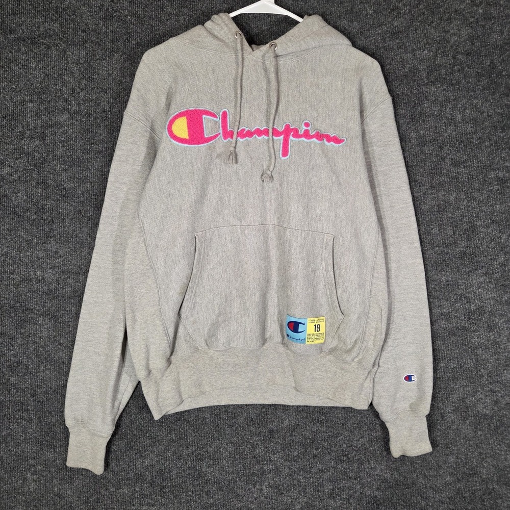 Retro Y2K Champion Reverse Weave Hoodie Gray Pink Big Script Sweatshirt Men's XL
